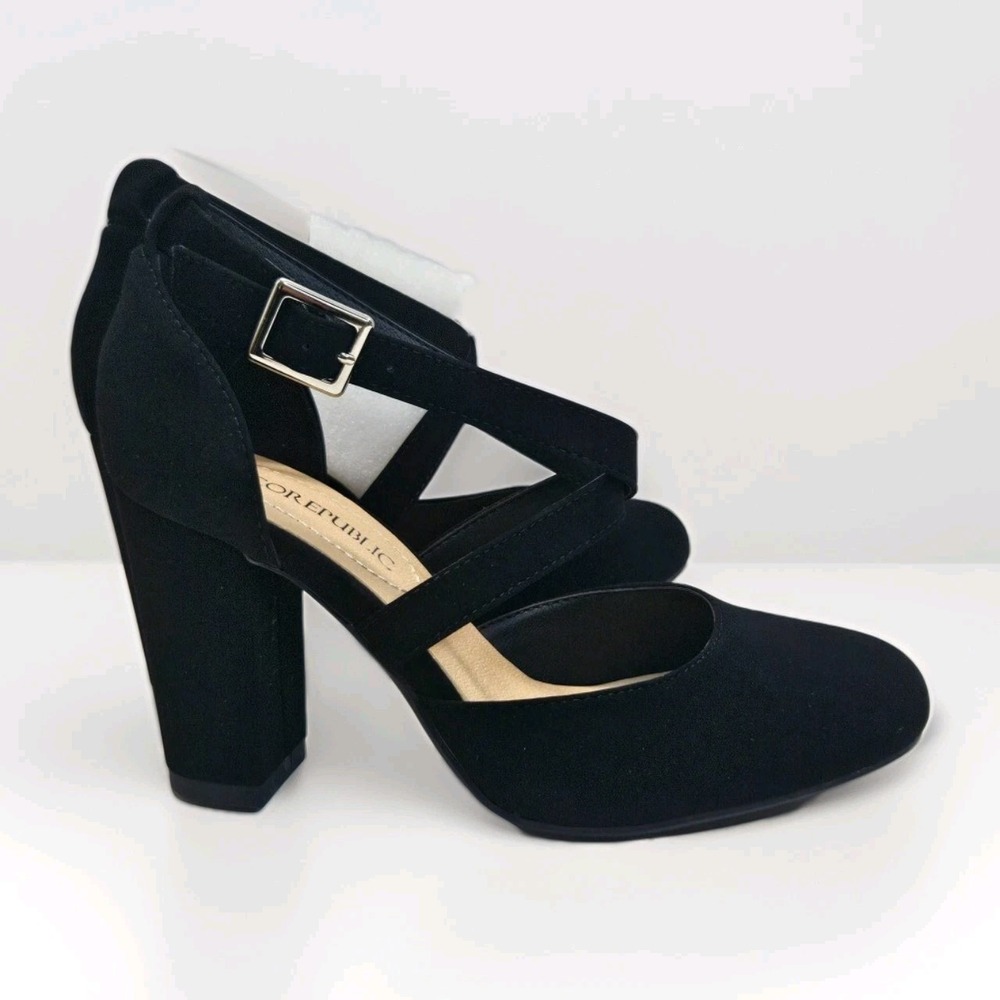 Pumps Chunky Heels Black Nubuck Suede Ankle Strappy With Buckle Women Size‎ 5.5